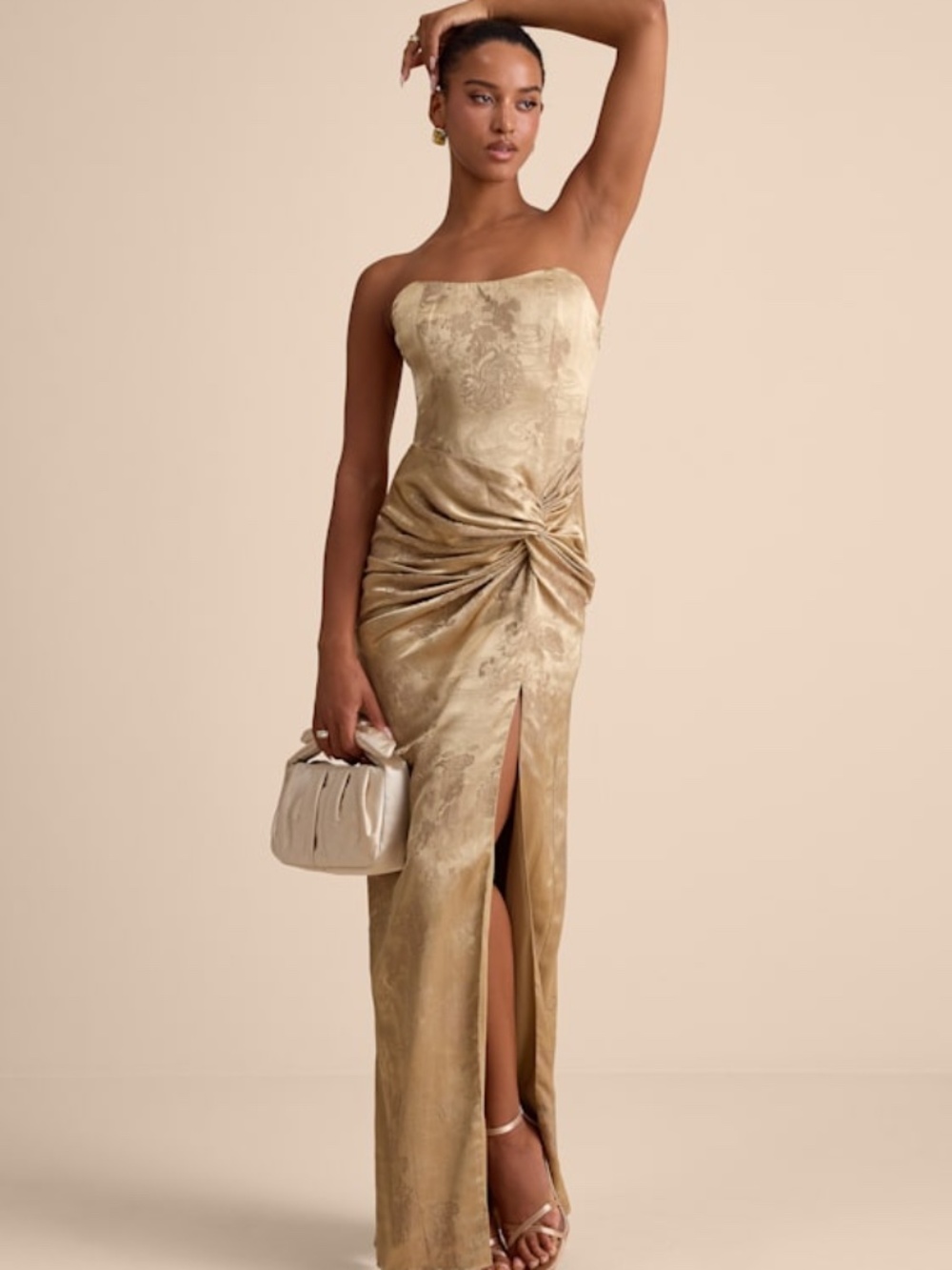 Lulus Whitney Gold Jacquard Strapless Twist-front Maxi Dress - Size XS